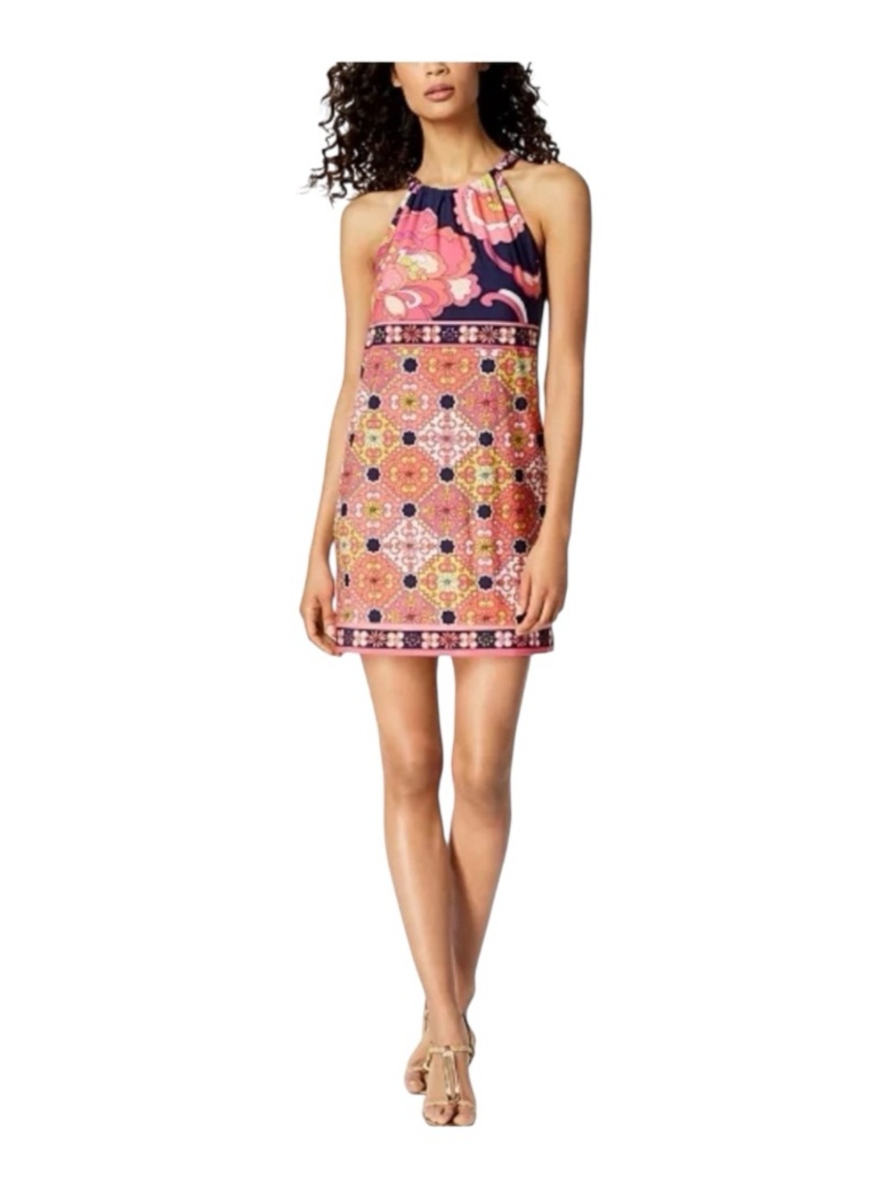 NWT Trina Turk Vacaciones Navy and Pink Halter Mosaic Dress